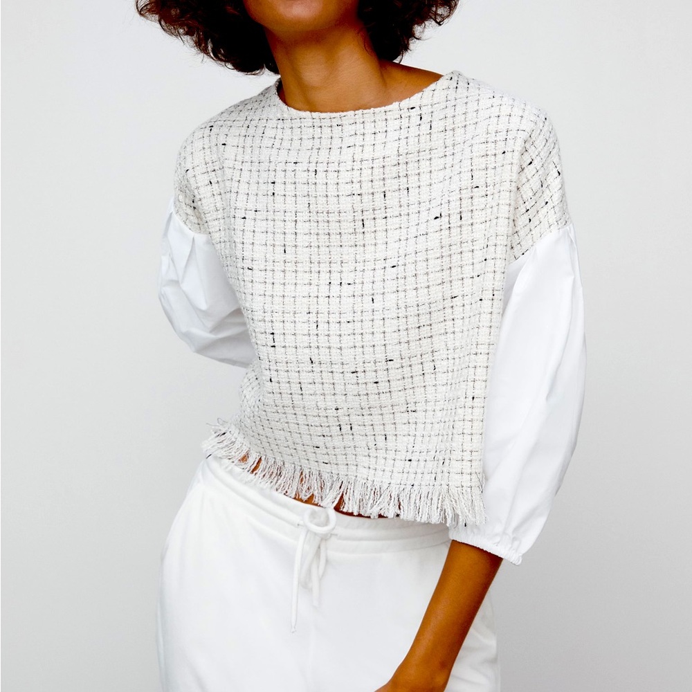 Zara Contrast Textured Tweed and Poplin Top. Size XS